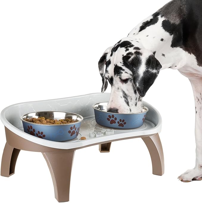 PETMAKER Elevated Pet Feeding Tray with splash guard and non-skid feet 21in x 11in x 8.5in, Brown