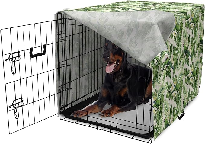 Lunarable Green Dog Crate Cover, Exotic Tropic Pattern with Palm Leaves Breadfruits Plumeria Flowers and Parrots, Easy to Use Pet Kennel Cover for Medium Large Dogs, 42 Inch, Lime Green Cream
