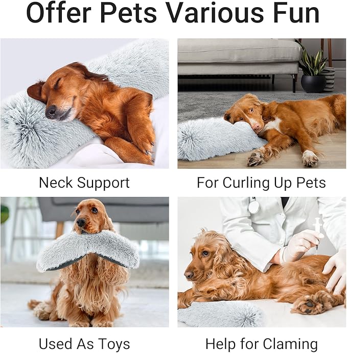 HOMBYS 25" Length Dog Pillows for Large and Medium Dogs, Soft Faux Fur Claming Dog Nek Pillow for Improving Anxiety Reduce, Machine Washable Pet Pillow for Cats, Plush Pet Toy (Light Grey, 25"x8"x4")