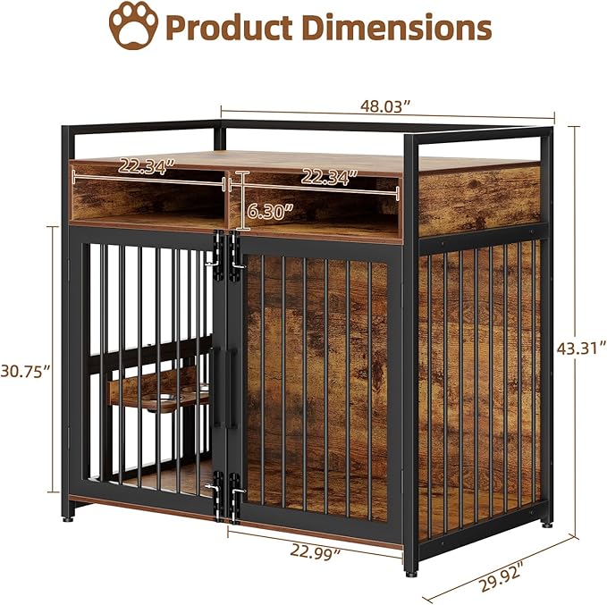 Dog Crate Furniture, 48 Inch Wooden Dog Cage with 2 Drawers, 360° & Adjustable Raised Feeder, Furniture Dog Crate for Medium-Large Dog Indoor