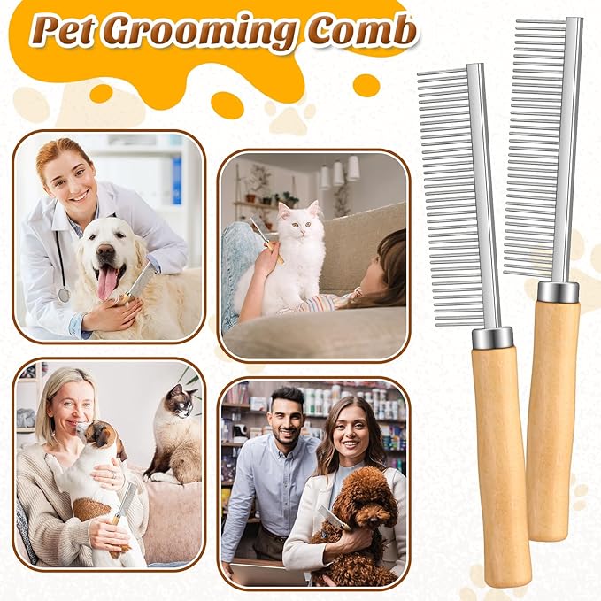 6 Pcs Grooming Comb bulk for Dogs Cats with Wooden Handle Pet Grooming Comb Smooth Teeth Tips Stainless Steel Detangling Matted Hair