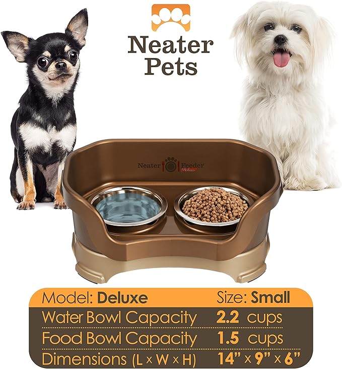 Neater Feeder Deluxe Mess Proof Dog Bowls Elevated for Small Breed – Made in USA – No Spill Raised Dog Food Bowl Stand – Stainless Steel Food and Water Bowl Set, Pet Feeding Station, Bronze