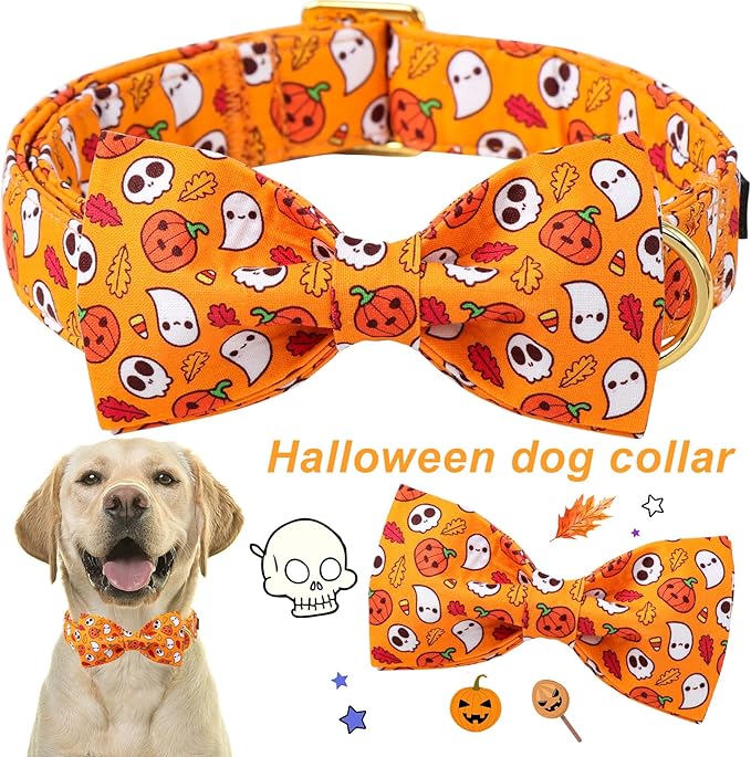 ARING PET Halloween Dog Collar-Cotton Pumpkin Dog Collar with Bow, Adjustable Halloween Themed Bowtie Dog Collars Pet Necklace with Metal Buckle for Girl&Boy Dogs