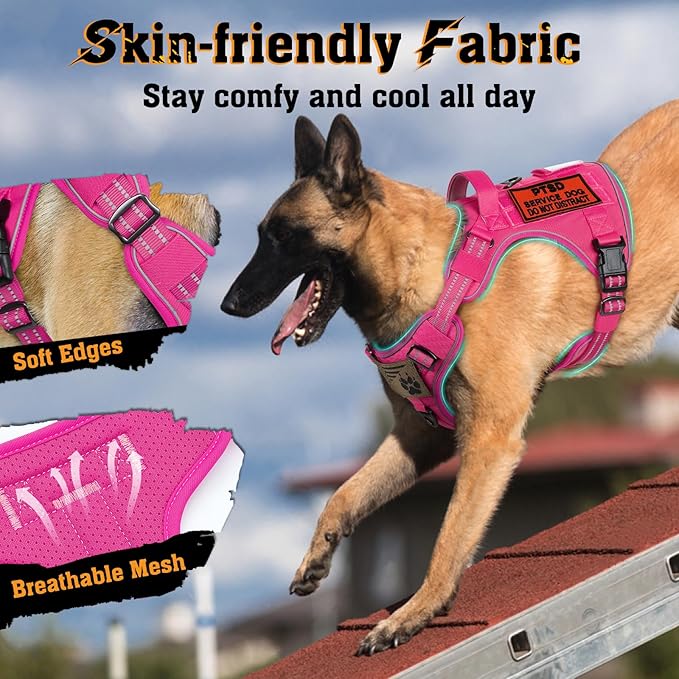 rabbitgoo Dog Harness for Large Dogs No Pull, Tactical Service Dog Vest with Molle and Control Handle, Adjustable and Reflective Military Pet Harness for Easy Walking and Training, Rose Red, L