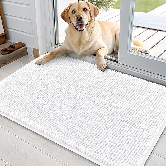 OLANLY Dog Door Mat for Muddy Paws 36x24, Absorbs Moisture and Dirt, Absorbent Non-Slip Washable Mat, Quick Dry Chenille, Mud Mat for Dogs, Entry Indoor Door Mat for Inside Floor, White