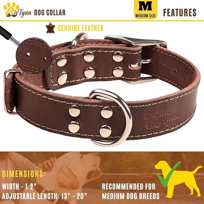 ADITYNA Heavy Duty Leather Dog Collar - Soft and Strong Dog Collar for Medium Dogs - Perfect for Walking, Training, Hiking, Traveling, Playing, and Running (Medium: Fit 13" - 20" Neck, Brown)