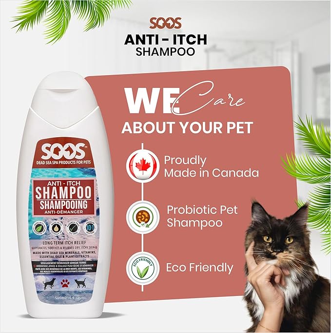 Soos Pet Anti-Itch Shampoo for Dogs and Cats - Natural Dead Sea Fast Absorbing - Clean Fur with Vitamins Minerals Essential Oils Natural Ingredients - 500ml