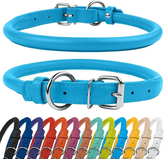 CollarDirect Rolled Leather Dog Collar, Soft Padded Round Puppy Collar, Handmade Genuine Leather Collar Dog Small Large Cat Collars 13 Colors (8-11 Inch, Light Blue Textured)