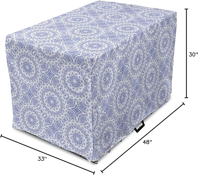 Lunarable Mandala Dog Crate Cover, Ceremonial Retro Minimal Far Eastern Pattern, Easy to Use Pet Kennel Cover for Medium Large Dogs, 48 Inch, Lavender Blue and White