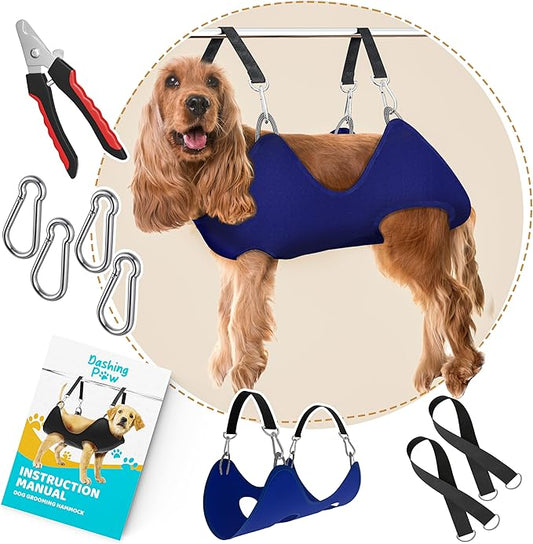 Dog Grooming Hammock – Sturdy & Safe Dog Hammock for Grooming with Durable Carabiner Clips & Straps – Soft, Comforting Dog Grooming Harness – Pet Grooming Hammock + Nail Trimmer for Medium sized Dogs