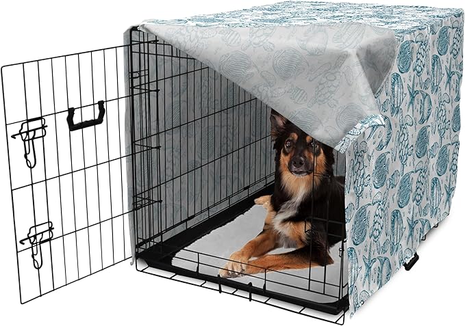 Lunarable Under The Sea Dog Crate Cover, Hand Drawn Sketch Art Style Fauna of The Sea Turtle Starfish and Fishes, Easy to Use Pet Kennel Cover for Medium Large Dogs, 36 Inch, Blue White