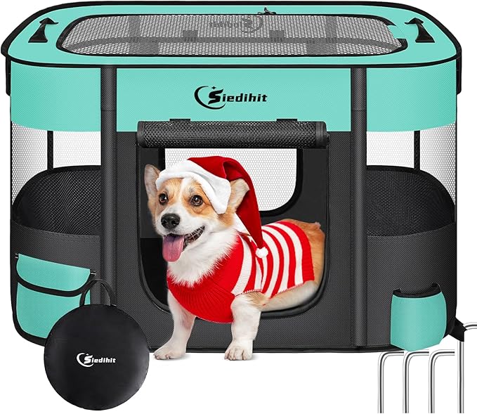 Dog Cat Playpen28/31/35in, Pet Puppy Portable Playpens for Outdoor Travel Crate, Indoor After Surgery Use, Foldable Dog Kennel Tent for Rabbit or Small Animals and Tent Stakes (Green, Small)