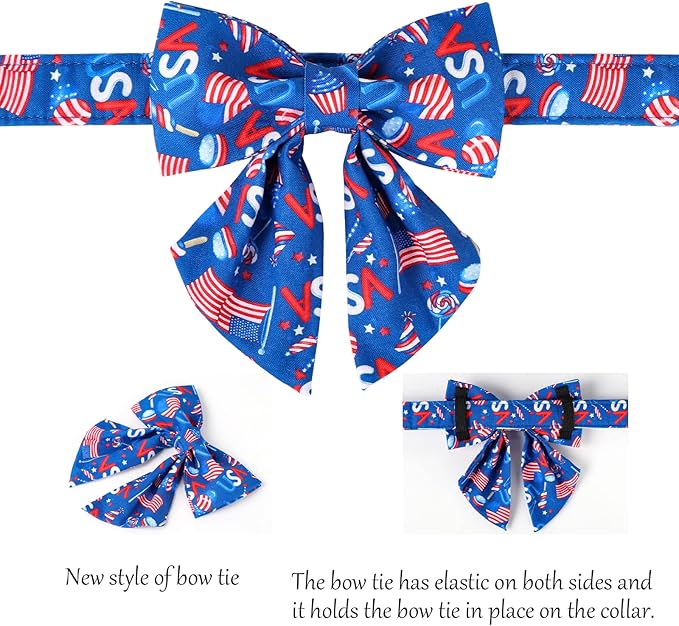Lionet Paws Patriotic Dog Collar with Sailor Bow, 4th of July, Soft and Comfortable Adjustable American Flag Collar for X-Large Dogs, Neck 16-26 inches