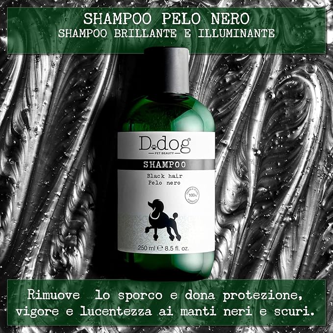 Diego dalla Palma D-Dog Pet Shampoo Black Hair - Shines and Brightens Fur - Enhances Color of Black and Dark Coat - Removes Dirt and Buildup with Every Wash - Hypoallergenic and Alcohol Free - 8.5 Oz