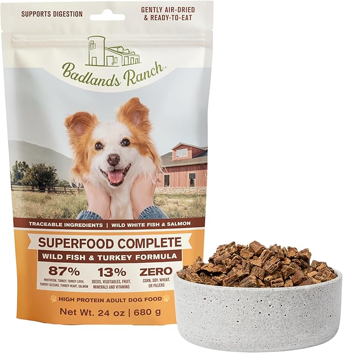 BADLANDS RANCH- Superfood Complete, Air-Dried Adult Dog Food - High Protein, Zero Fillers, Superfood Nutrition by Katherine Heigl (24 oz. Wild Fish and Turkey Formula)