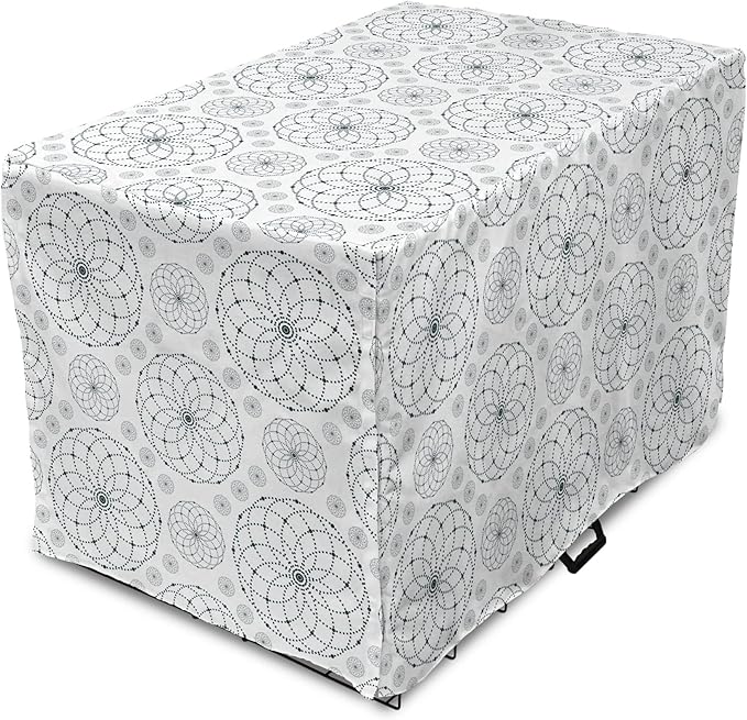 Ambesonne Sacred Geometry Dog Crate Cover, Circular Formations with Dots Flower Like Elements Design Print, Easy to Use Pet Kennel Cover for Medium Large Dogs, 48 Inch, Dark Petrol Blue White