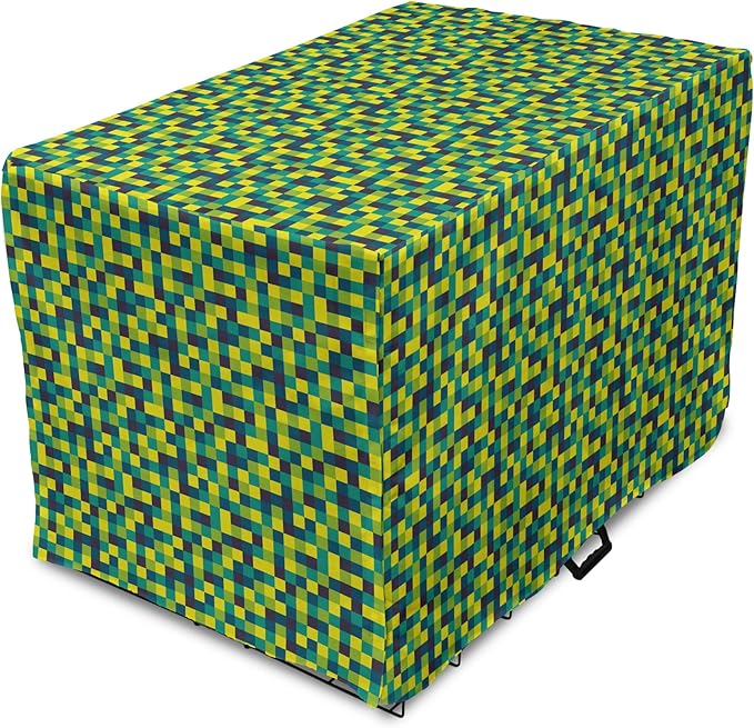 Lunarable Yellow and Blue Dog Crate Cover, Vivid Colored Squares Funky Simple Retro Style Grid Tile, Easy to Use Pet Kennel Cover for Small Dogs Puppies Kittens, 22 Inch, Petrol Blue Lime Green