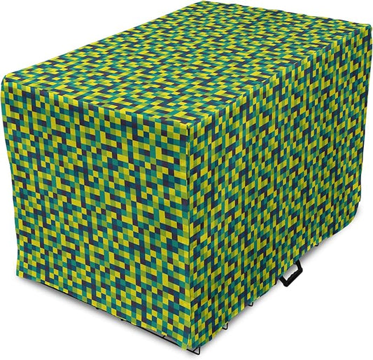 Lunarable Yellow and Blue Dog Crate Cover, Vivid Colored Squares Funky Simple Retro Style Grid Tile, Easy to Use Pet Kennel Cover for Small Dogs Puppies Kittens, 22 Inch, Petrol Blue Lime Green