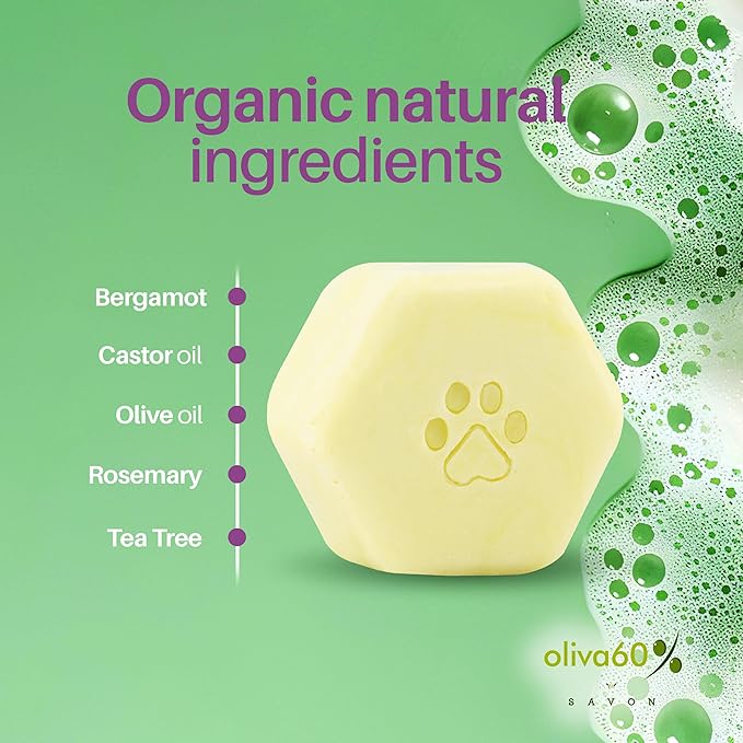 Natural Dog Shampoo Bar with Bergamot, Rosemary, and Tea Tree | Eco-Friendly, Long-Lasting Dog Bath | Odor Control, Sulfate-Free, Nourishing Oils for Shiny Coat | Dog Essentials | Oliva 60