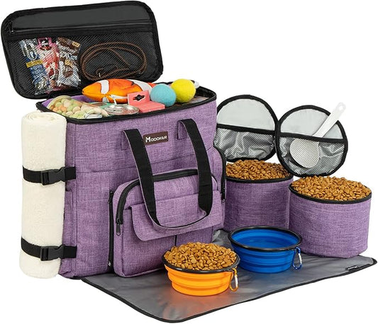 Modoker Dog Travel Organizer Carriers for Supplies & Accessories, Airline Approved Dog Cat Pet Travel Bag, 2 Collapsible Dog Bowls, 2 Travel Dog Food Container, Purple