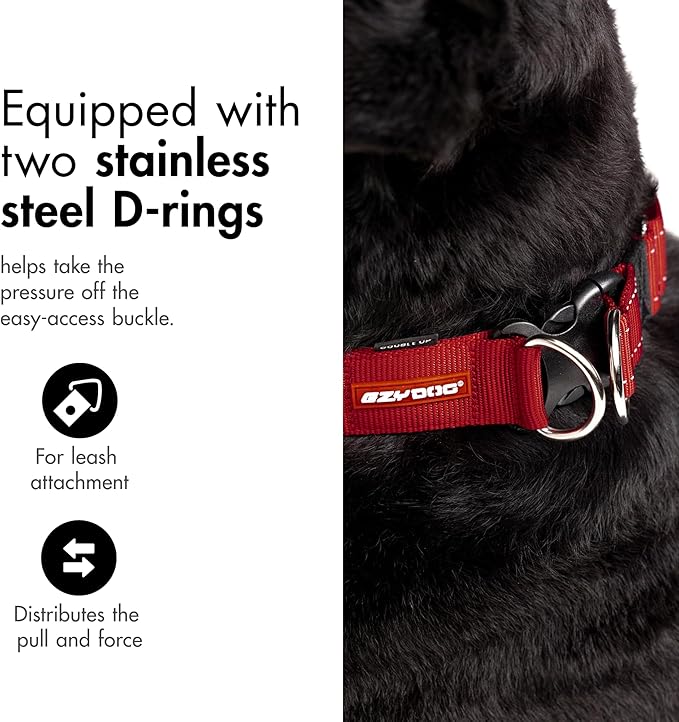 EzyDog Double Up Premium Nylon Dog Collar - Double D-Rings for Superior Strength, Safety, and Comfortability - Non-Rusting and Includes an ID Attachment (Small, Denim)