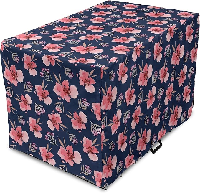Ambesonne Watercolor Dog Crate Cover, Nature Inspired Composition with Pink Garden Flora Vintage Petals, Easy to Use Pet Kennel Cover for Medium Large Dogs, 42 Inch, Navy Blue Coral