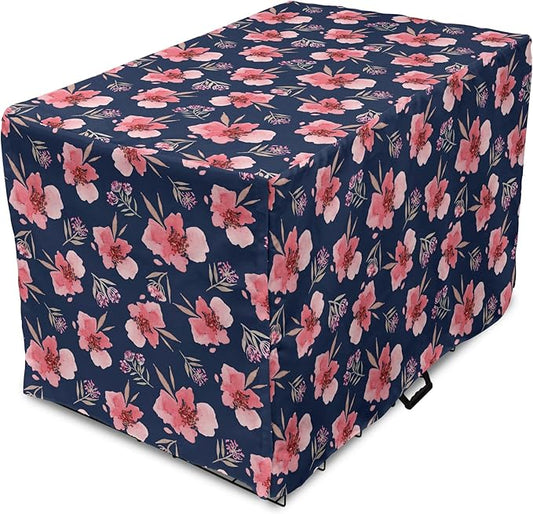Ambesonne Watercolor Dog Crate Cover, Nature Inspired Composition with Pink Garden Flora Vintage Petals, Easy to Use Pet Kennel Cover for Small Dogs Puppies Kittens, 22 Inch, Navy Blue Coral