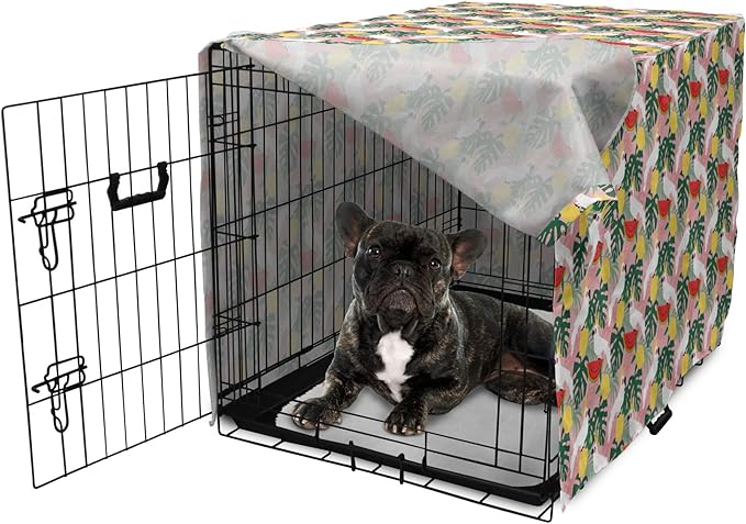 Ambesonne Summer Dog Crate Cover, Cockatoo Parrot in Exotic Forest Watermelon Slices Monstera Lemons Pattern, Easy to Use Pet Kennel Cover for Cats & Medium Dogs, 30 Inch, Rose and Multicolor