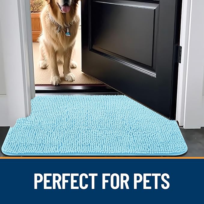 OLANLY Dog Door Mat for Muddy Paws 48x30, Absorbs Moisture and Dirt, Absorbent Non-Slip Washable Mat, Quick Dry Chenille, Mud Mat for Dogs, Entry Indoor Door Mat for Inside Floor, Blue