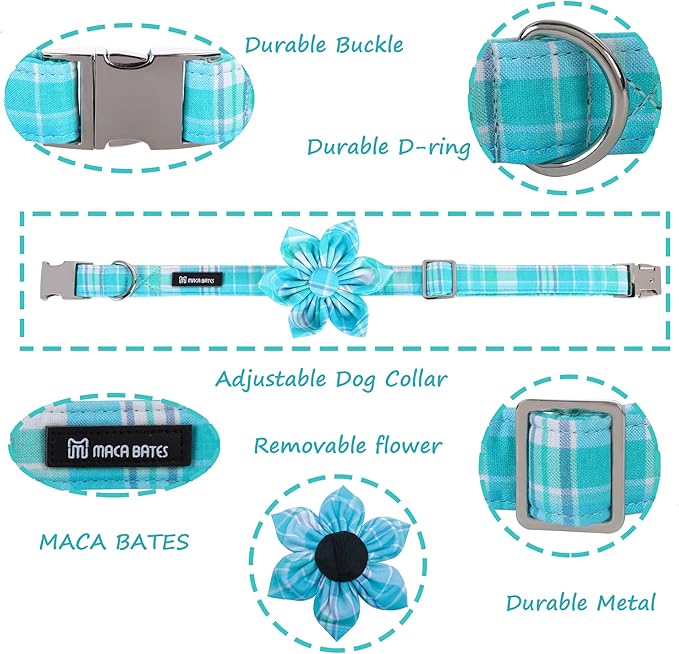 Maca Bates Blue Checkered Flower Summer Dog Grid Collar with Flowers for Dogs Adjustable Breakaway Cute Plaid Collars Accessories Gift for Small Medium Large XL Puppy with Golden Metal Buckle