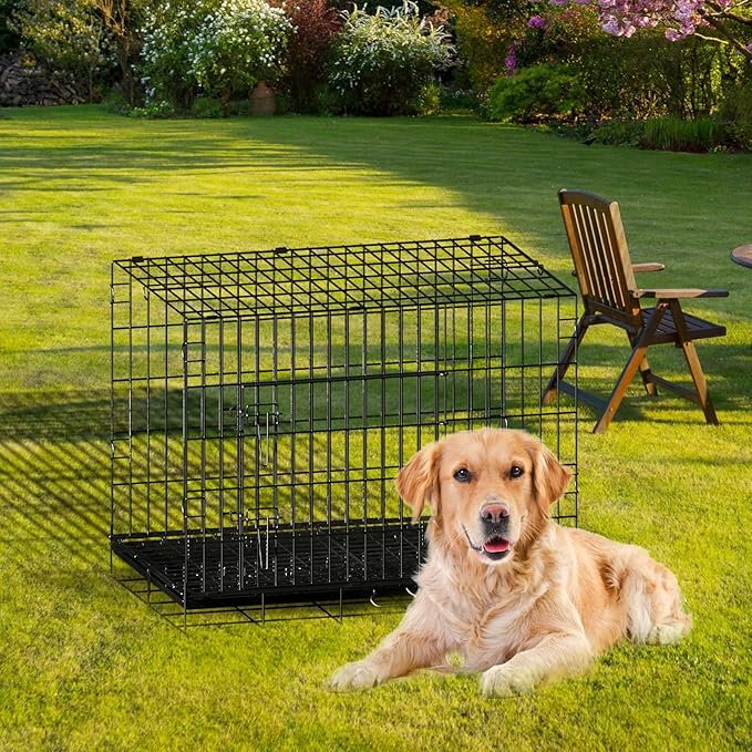 New Enhanced Double Door Dog Crate, Portable Wire Dog Crate with Tray and Divider, Pet Crate for Small Dogs, Indoor and Outdoor Pet Pen, 42" L x 28" W x 30" H Collapsible Kennel