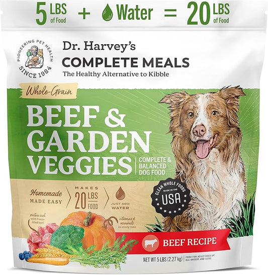 Dr. Harvey's Beef & Garden Veggies Dog Food, Human Grade Whole-Grain Dehydrated Dog Food with Freeze-Dried Beef (5 Pounds)
