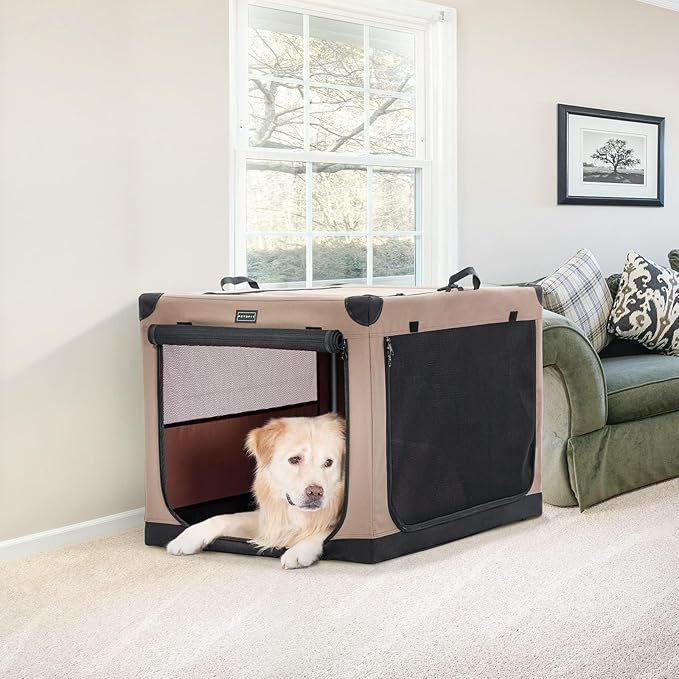 PETSFIT Collapsible Dog Crate, Portable Dog Crate-36 Inch Lightweight, Easy Setup, Sturdy, Adjustable Framework with 3 Mesh Door, Soft Dog Kennel Indoor Khaki