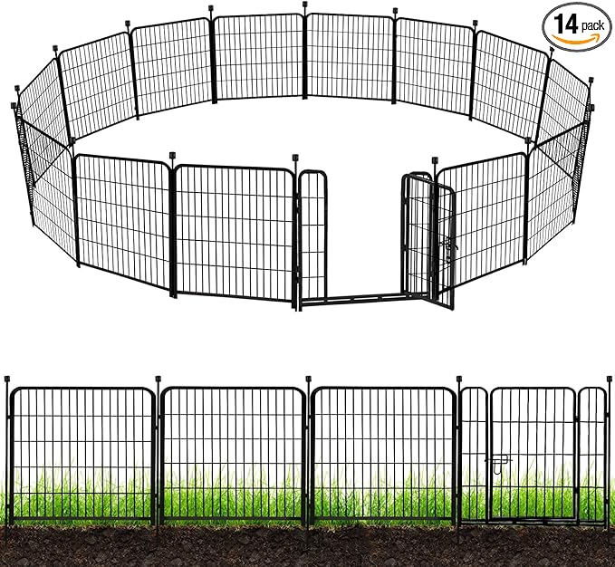 ADAVIN Tall Garden Fence 40 in(H)31 Ft(L) 14 Panels, Heavy Duty Iron Metal With Gate, Low Threshold for Dogs Rabbits, Outdoor Camping, Flower Bed Border, Temporary Black Yard