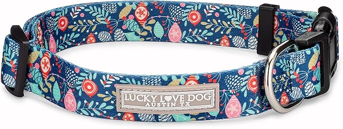 Lucky Love Dog, Blue Winter Pinecones Dog Collar, Vivid Winter Ornaments Dog Collar for Girl or Boy Dogs - (Medium, SweetHoliday Collar)