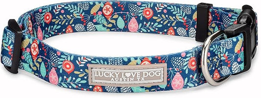 Lucky Love Dog, Blue Winter Pinecones Dog Collar, Vivid Winter Ornaments Dog Collar for Girl or Boy Dogs - (Medium, SweetHoliday Collar)