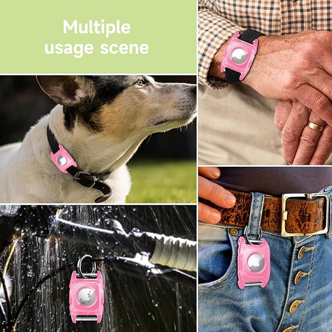 IP68 Waterproof Airtag Case for Dog Collar [2 Pack] Airtag Dog Collar Holder Hard TPU Full Protection Airtag Holder with Removable Handle Cat Dog GPS Tracker Anti Loss air tag Cover（Pink）