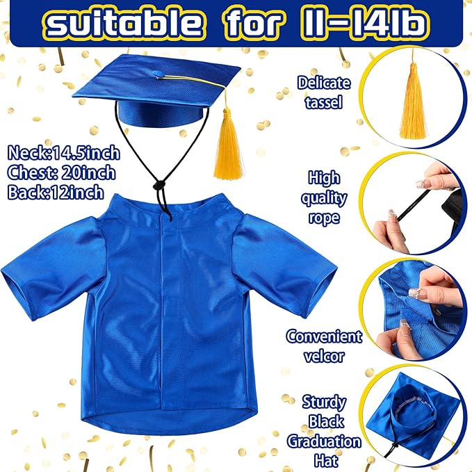 Dog Graduation Cap and Gown 2025 Washable Pet Graduation Costume for Dog Cat Shirt and hat(Royal Blue)