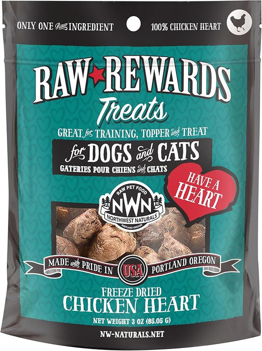Northwest Naturals Raw Rewards Freeze-Dried Chicken Heart Treats for Dogs and Cats - Bite-Sized Pieces - Healthy, 1 Ingredient, Human Grade Pet Food, Natural - 10 Oz (Pack of 3)