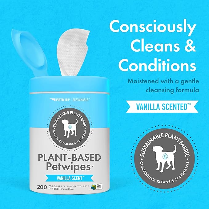 Petkin Plant-Based PetWipes, 200 Wipes - Biobased, Sustainable, Big & Thick Pet Wipes for Dogs & Cats - for Face, Paws, Ears, Body & Eye Area - Consciously Cleans & Conditions - Vanilla