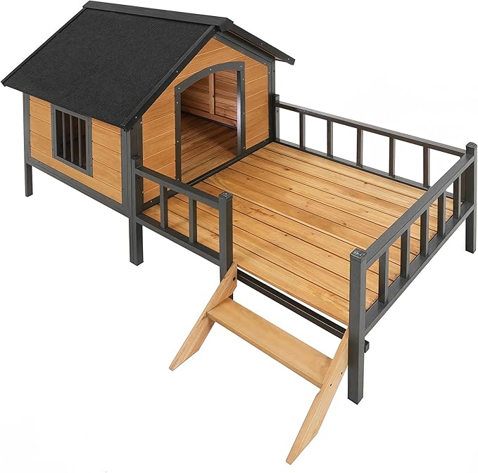 Ball & Cast 67" Outdoor Wooden Dog House with Waterproof Asphalt Roof,All-Around Iron Frame Kennel with Resting Porch for Large Dogs(71-90 lbs),Durable Yard Cabin for Pets,Honey