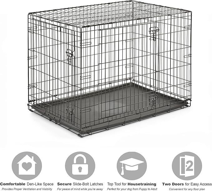 New World Newly Enhanced Double Door New World Dog Crate, Includes Leak-Proof Pan, Floor Protecting Feet, & New Patented Features, 42 Inch
