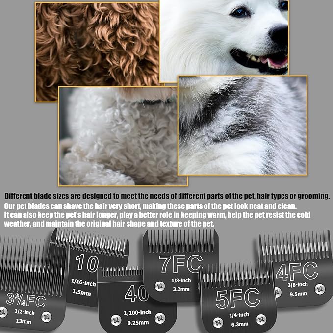 6 Packs Detachable Dog Grooming Steel Blades with Blade case Holder,Compatible with Andis,Oster A5,Wahl KM-10 Series,Cutting Length 1/100" to 1/2"(10+40+7FC+5FC+4FC+3-3/4FC-black)