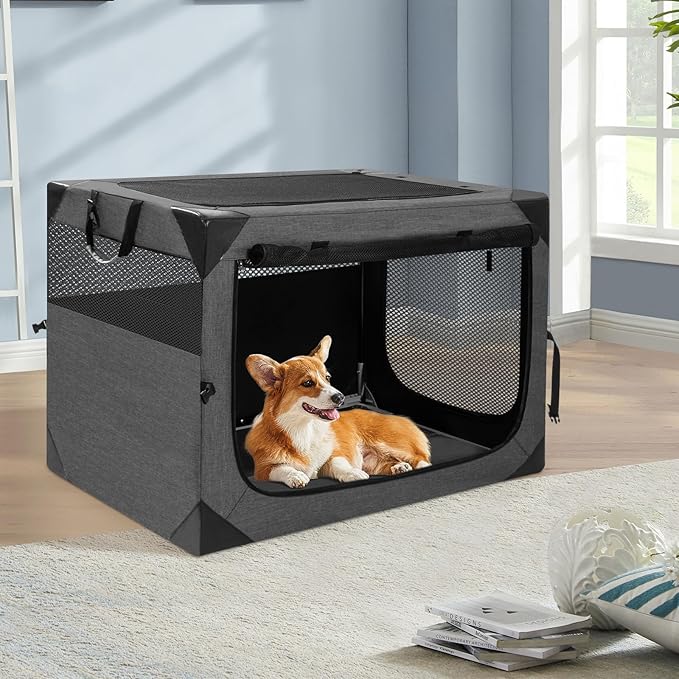 Collapsible Soft Dog Crate 30 Inches, Portable Travel Dog Cage for Medium Dogs, Dog Kennel Indoor & Outside, Foldable Dog Crate with 3-Door Mesh Windows
