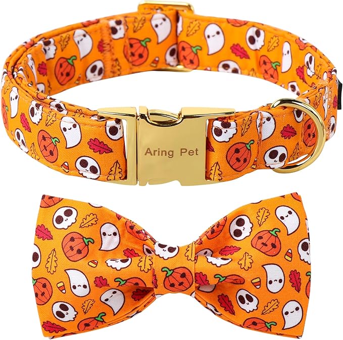 ARING PET Halloween Dog Collar-Cotton Pumpkin Dog Collar with Bow, Adjustable Halloween Themed Bowtie Dog Collars Pet Necklace with Metal Buckle for Girl&Boy Dogs