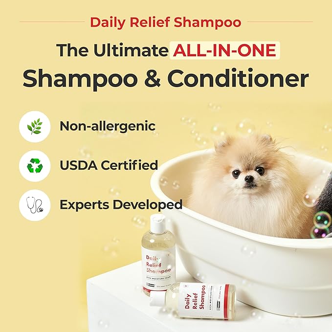 JAYU PET Daily Relief Shampoo - Vet Approved for Itchy Sensitive Skin, Natural Ingredients for Allergies. Moisturizing, Deodorizes Smelly Dogs, Best Odor Eliminating Dog Shampoo (10.1oz)