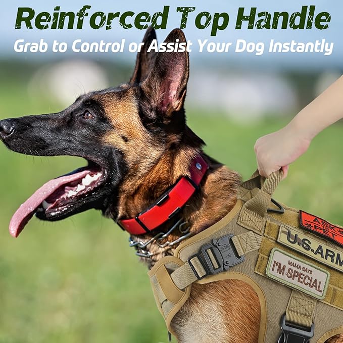 rabbitgoo Tactical Dog Harness for Large Dogs, Heavy Duty Dog Harness with Handle, No-Pull Service Dog Vest Large Breed, Adjustable Military Dog Vest Harness for Training Hunting Walking, Brown, L