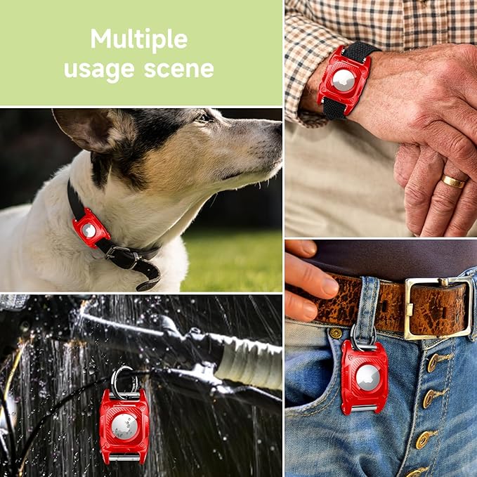 IP68 Waterproof Airtag Case for Dog Collar [2 Pack] Airtag Dog Collar Holder Hard TPU Full Protection Airtag Holder with Removable Handle Cat Dog GPS Tracker Anti Loss air tag Cover（Red）