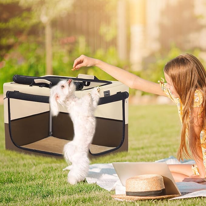 PETSFIT Collapsible Dog Crate, Portable Dog Crate - 30 Inch Easy Set-up, Light, Sturdy, Comfy Inside with Thicken Mat, Soft Sided Crate for Home and Travel Brown