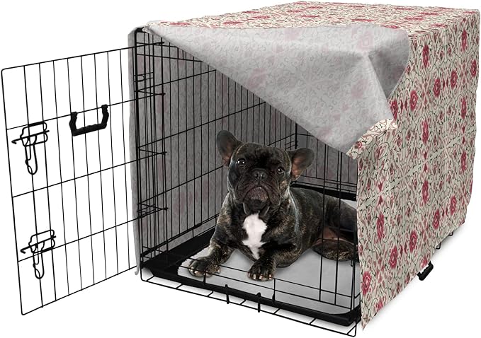 Lunarable Traditional Dog Crate Cover, Lotus Motif with Petals Swirled Stalks and Leaves, Easy to Use Pet Kennel Cover for Cats & Medium Dogs, 24 Inch, Champagne Dried Rose
